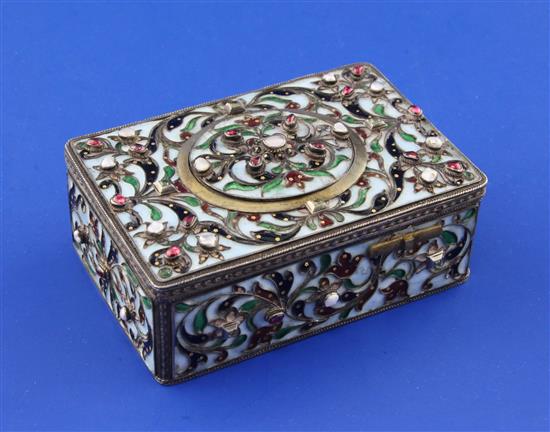 A 19th century Austro-Hungarian? silver, polychrome cloisonne enamel and gem set automaton singing bird box, 3.75in.